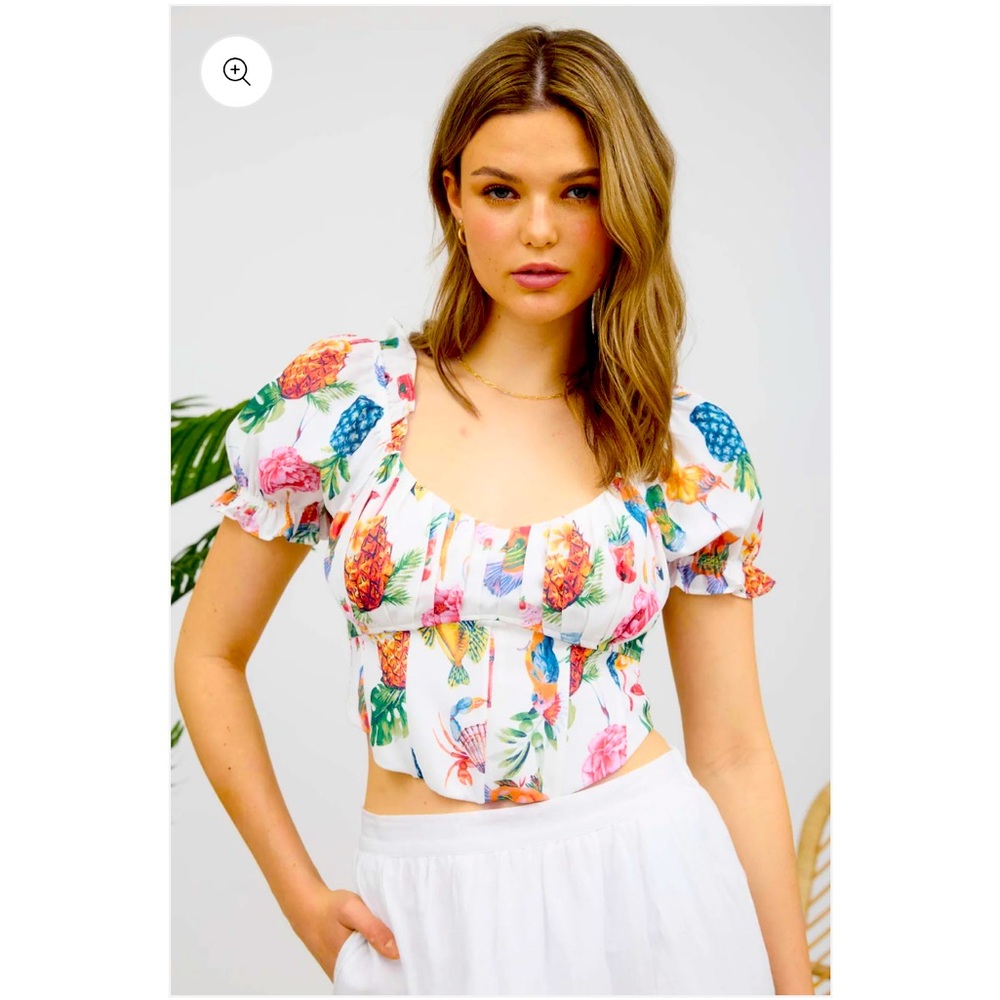 NWT Blu Pepper Tropical Corset Crop Top S Puff Sleeve Tie Back Floral